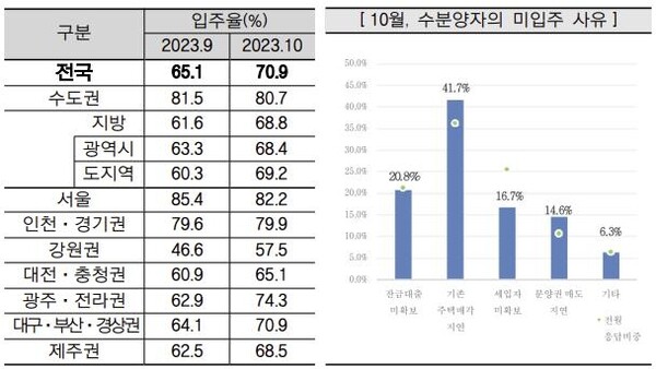 올해 10월 아파트 입주율 및 미입주 사유, 출처 :주택산업연구원
