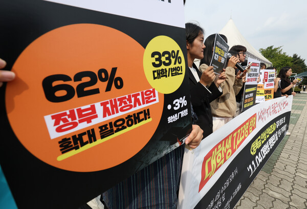 전국대학학생회네트워크와 등록금 인상 반대 대학생 공동운동이 4일 오후 서울 영등포구 국회 앞에서 연 '등록금 인상 반대 및 인식조사 결과 발표 기자회견'에서 참가자들이 손팻말을 들고 있다. 2023.10.4. 연합뉴스