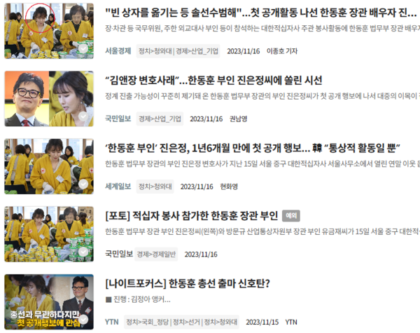 빅카인즈 '진은정' 키워드 검색 결과 갈무리