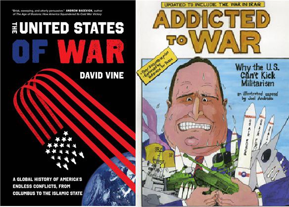 왼쪽의 책은 전쟁국가 미국의 행보를 세계 곳곳에 세워진 미군기지를 중심으로 살펴본 것. 오른쪽은 건국부터 이라크 전쟁까지, 전쟁으로 점철된 미국역사를 알기 쉽게, 만화형식으로 정리한 것. ‘전쟁중독’이라는 제목의 우리말 번역서도 있다.