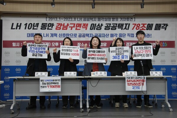 정의당 심상정 의원(가운데)이 27일 서울 종로구 경제정의실천시민연합에서 열린 최근 10년간 LH 공공택지 매각 실태를 분석한 결과를 발표한 후 공공택지 매각 중단을 촉구하고 있다. 2023.11.27. [경실련 제공]