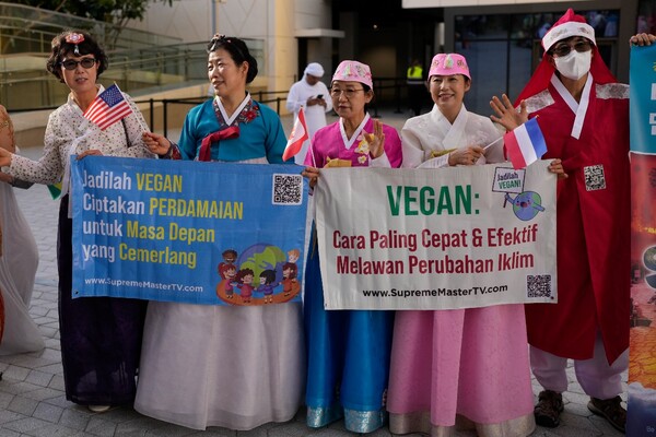 30일(현지시간) 제28차 유엔기후변화협약 당사국총회(COP28)가 열리는 아랍에미리트(UAE)의 두바이 행사장 밖에서 한국계로 보이는 이들이 한복 차림으로 각국 소형 깃발을 들고 비건주의를 주장하는 플래카드를 펼쳐 보이고 있다. 앞서 이번 회의 의장단은 이번 행사에서 채식 비중을 높일 것이라고 밝힌 바 있다. 2023.11.30. AP 연합뉴스