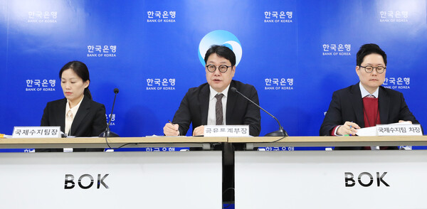 8일 서울 중구 한국은행에서 2023년 10월 국제수지(잠정) 설명회가 열리고 있다. 왼쪽부터 문혜정 한국은행 국제수지팀장, 이동원 금융통계부장, 박성곤 국제수지팀 차장. 2023.12.8. [한국은행 제공] 연합뉴스