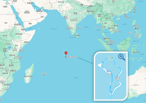 인도양 중앙에 위치한 미군의 군사요충지인 디에고가르시아 섬. [구글 지도 갈무리]