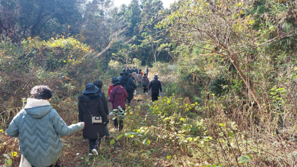 제주4.3평화재단 4.3아카데미 참여자 40여 명이 중산간지역 소개령으로 초토화해 밀림으로 변한 중문지역 섯단마을을 답사하고 있다. © 이봉수