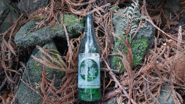 1962년 무렵 섯단마을을 복원하러 들어갔던 사람들이 마신 것으로 보이는 한일소주 병. 한일소주는 제주에서 육칠십년대에 많이 제조되다가 한라산소주로 바뀌었다. © 이봉수