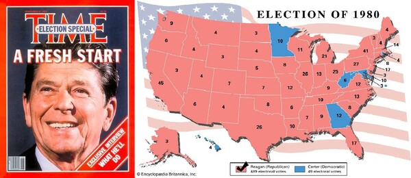 당선자 레이건의 타임지 표지. 오른쪽은 레이건 승리의 선거결과를 표시한 지도. 붉은 색이 레이건, 파란색은 카터를 지지한 주.