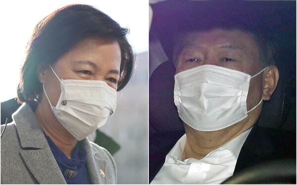 출근하는 추미애 법무부 장관(왼쪽)과 윤석열 검찰총장. 2020.12.30 연합뉴스