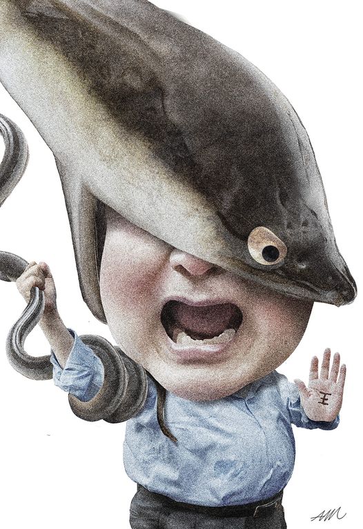 작가의 그림 설명 “다 필요없다. 그날 이후로 매일 밤 그 장어가 꿈에 나타나서 나의 몸을 휘어감고 검정 보자기를 얼굴에 씌워 질식하는 악몽에 시달리느라 잠을 한숨도 못 이루고 있다. 마음같아서는 너희들 모두에게 왕을 능멸한 죄를 물어야 마땅하지만 자유민주주의를 위해 이번만은 넘어갈 것이다. 허나 내가 찾기 전까지는 그 누구 하나 내 눈 앞에 그림자도 내비치지 말라.”