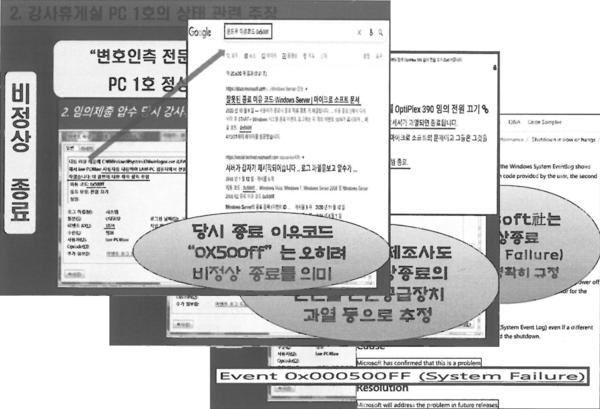 검찰이 항소심 2차 공판에서 발표한 PPT에서 '비정상종료' 근거 핵심 3개 페이지.