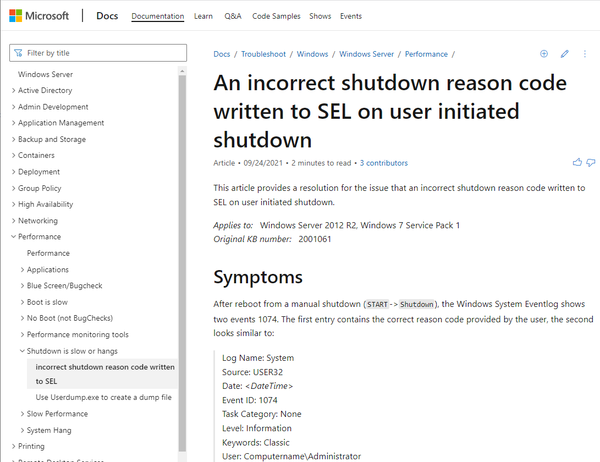 엉터리 이유코드 0x555ff에 대해 설명한 ‘An incorrect shutdown reason code written to SEL on user initiated shutdown’ 문서. 마이크로소프트 기술문서 캡처.