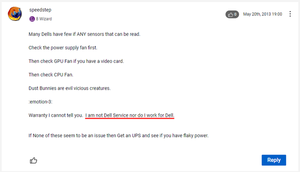 ‘speedstep’ 유저의 두번째 댓글, ‘I am not Dell Service nor do I work for Dell.’ (DELL, speedstep)