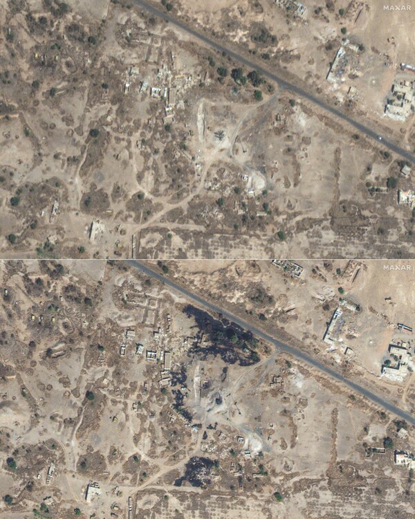 12일 미국과 영국 군이 예멘의 수도 사나의 국제공항 인근에 있는 레이더 기지를 공습하기 전(위)과 공습 뒤의 모습을 찍은 인공위성 사진. 2024. 1.12. AFP 연합뉴스