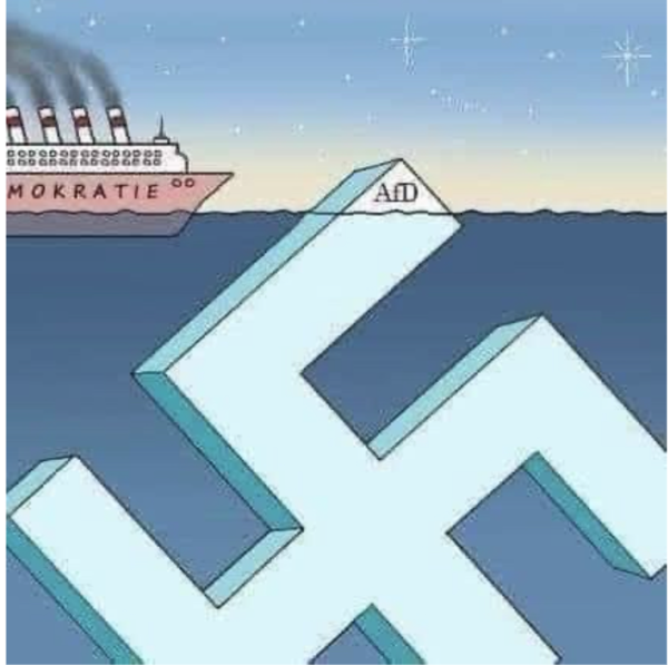 티타닉을 연상시키는 '(DE)MOKRATIE-민주주의‘라는 배가 나치(국가사회주의)라는 빙산의 일각인 '독일을 위한 대안‘ 정당에 좌초될 위기를 보여주는 그림.