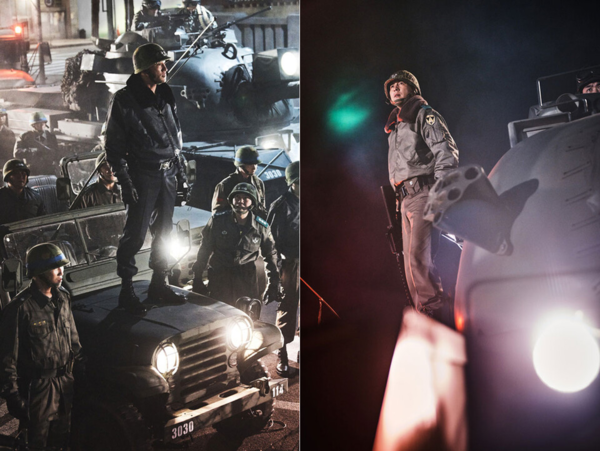 '서울의 봄'에서 전두환 역 황정민과 장태완 역 정우성은 경복궁 입구에서 맞닥뜨리지만 극적 효과를 노린 연출일 뿐 사실과는 다르다. © 플러스엠 엔터테인먼트  