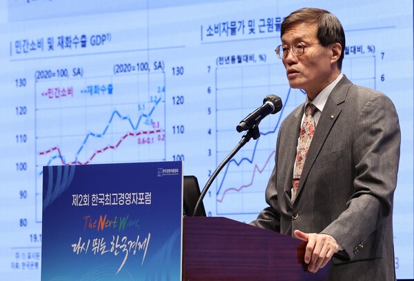 이창용 한국은행 총재가 1일 오전 서울 중구 웨스틴조선호텔에서 열린 한국최고경영자포럼에서 2024년 한국경제 전망을 주제로 기조강연을 하고 있다. 2024.2.1. 연합뉴스