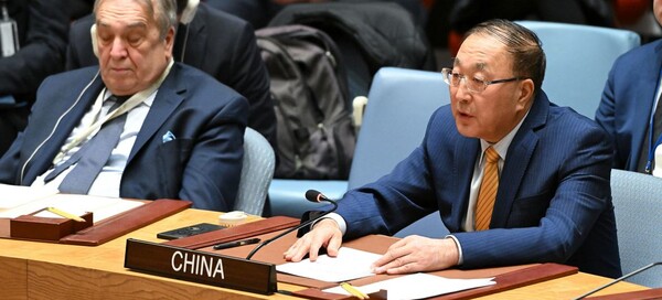 5일 중동 관련 유엔 안보리 긴급회의에서 발언하는 중국의 장쥔 주유엔 대사. 2024. 02. 05 [유엔 제공] 시민언론 민들레