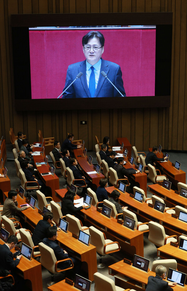 더불어민주당 홍익표 원내대표가 20일 국회 본회의에서 교섭단체 대표 연설을 하고 있다. 2024.2.20. 연합뉴스