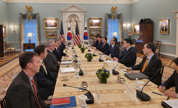 조태열 외교부 장관이 28일(현지시간) 미국 워싱턴 D.C. 국무부에서 토니 블링컨 미 국무장관과 외교장관회담을 하고 있다. 2024.2.29 [특파원 공동 취재단]. 연합뉴스