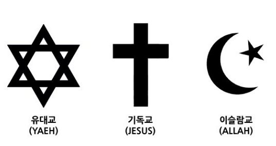 유대교의 상징인 다윗의 별, 기독교의 상징인 십자가, 이슬람교의 상징인 초승달과 별. 