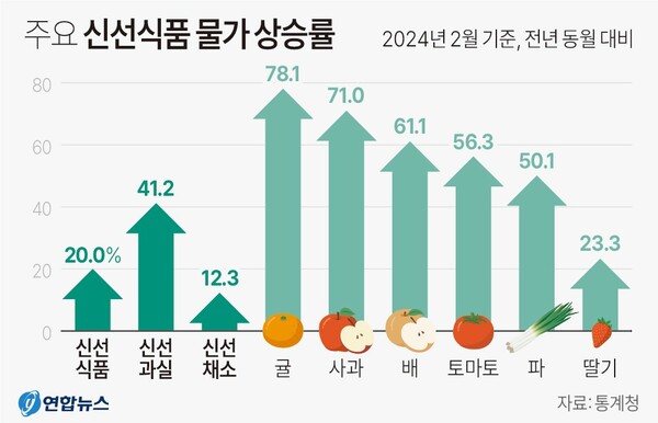 신선식품(사과, 귤, 배, 토마토) 물가 상승률