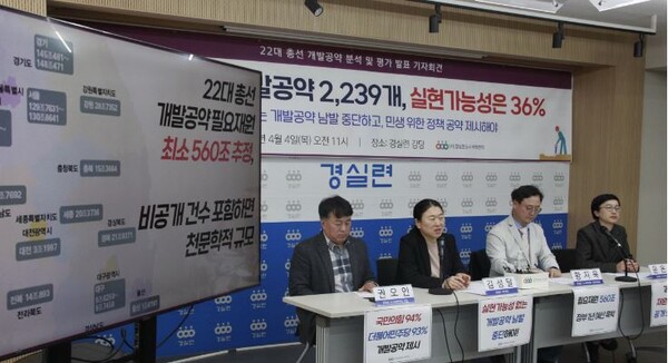 경제정의실천시민연합 관계자들이 4일 오전 서울 종로구 경실련에서 22대 총선 개발공약 분석 및 전문가 평가 발표 기자회견을 하고 있다. [경실련 제공]