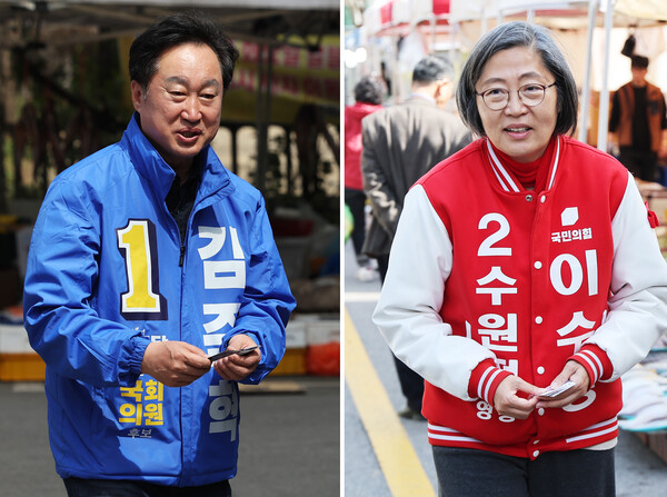 제22대 국회의원선거 수원정에 출마한 더불어민주당 김준혁 후보와 국민의힘 이수정 후보가 2일 경기도 수원시 영통구의 한 아파트 단지에서 시민들과 인사하고 있다. 2024.4.2. 연합뉴스