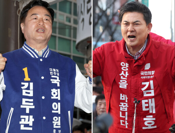 경남 양산을 더불어민주당 김두관 후보(왼쪽)와 국민의힘 김태호 후보가 유권자들을 대상으로 선거운동을 펼치고 있다. 2024. 03.31. 연합뉴스