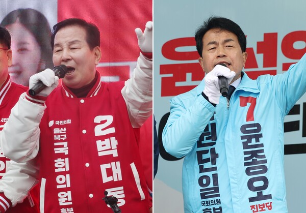 제22대 국회의원 선거 공식 선거운동 첫날인 28일 울산 북구에 출마한 국민의힘 박대동 후보(왼쪽)와 진보당 윤종오 후보가 각각 지지를 호소하고 있다. 2024.3.28. 연합뉴스