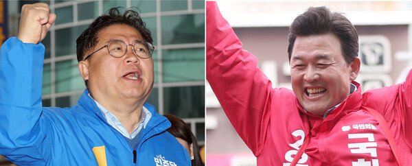 경남 양산갑 더불어민주당 이재영 후보(왼쪽)와 국민의힘 윤영석 후보가 유권자들을 대상으로 선거운동을 펼치고 있다. 2024.3.31. 연합뉴스