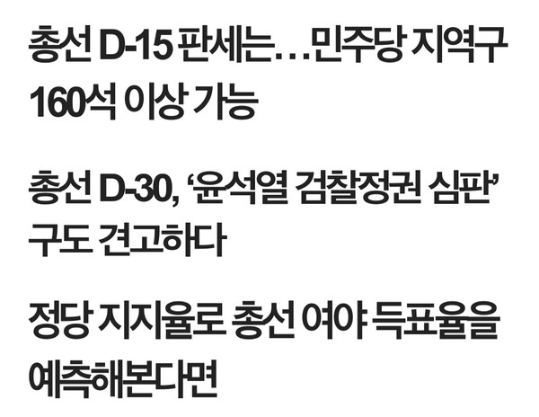 22대 총선 과정에서 강동형 광주대 초빙교수(전 서울신문 상무)가 시민언론 민들레에 기고했던 판세분석 및 의석 전망 관련 기사들 제목