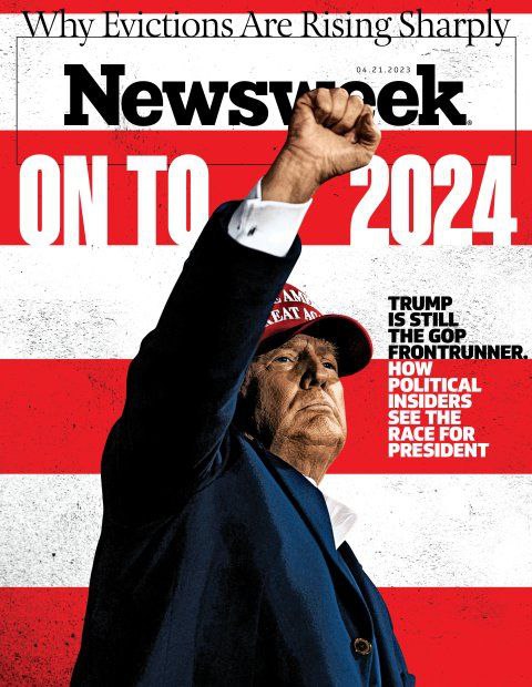 2024 대선을 향해 뛰는 트럼프를 표지로 올린 2023년 4월 21일 자 시사주간지 뉴스위크