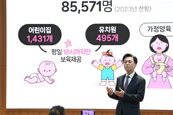 김태흠 충남지사가 3일 충남도청에서 0∼2세 자녀를 둔 공무원의 주 1일 재택근무 의무화 등을 비롯한 충남형 저출생 극복대책을 발표하고 있다. 2024.4.3. 연합뉴스