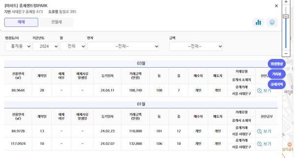 홍제역 센트럴아이파크 실거래 내역, 출처 : 국토교통부 실거래가공개시스템