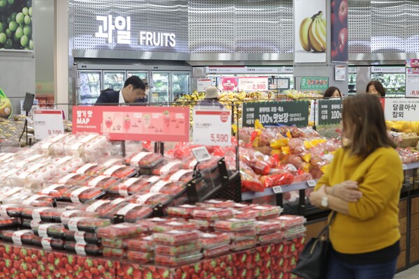 한국은행이 23일 발표한 3월 생산자물가 동향자료에 따르면 지난달 사과값은 작년 동월보다 137%나 급등했다. 사진은 서울의 한 대형마트의 과일 매장. 2024.4.22. 연합뉴스
