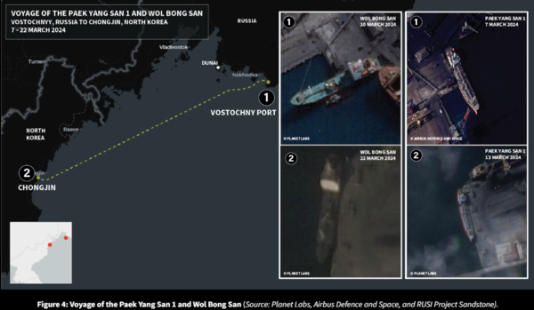 영국 싱크탱크 왕립연합서비스연구원(RUSI)이 지난 3월 26일 공개한 사진. 백양산1호와 천마산호 등 북한 선박들이 러시아 보스토치니 항구에서 정제유를 선적, 청진으로 이동하는 경로를 표시하고 있다. RUSI 누리집