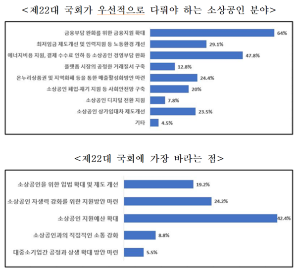 제22대 국회가 우선 다뤄야할 소상공인 분야, 바라는 점. 자료 : 소상공인연합회