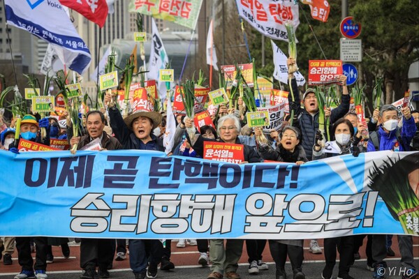 30일 촛불 시민들이 윤석열 대통령의 무지와 무능, 무책임을 상징하는 '대파'를 들고 서울 시청 앞에서 용산 대통령실까지 행진 중이다. 2024. 03. 30. 이호 작가 