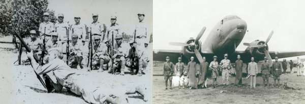 한국광복군 대원들의 총기술 훈련 사진(좌), 광복군 국내 정진대가 비상착륙한 산동성 유현비행장을 떠나면서 찍은 사진(우). 독립기념관.