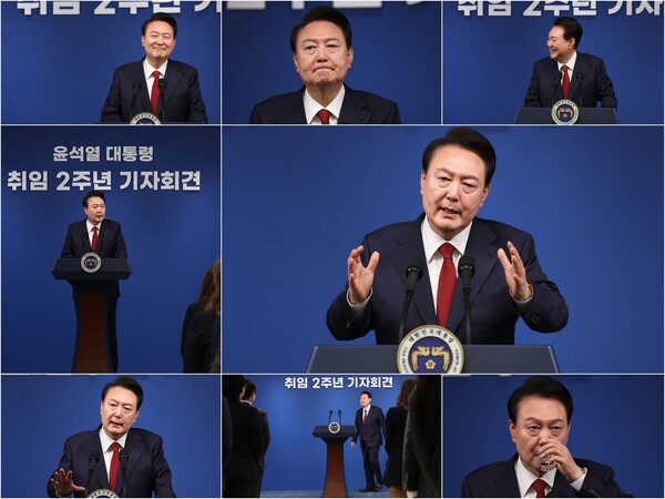 윤석열 대통령이 9일 오전 서울 용산 대통령실 청사 브리핑실에서 취임 2주년을 맞아 기자회견을 하고 있다. 2024.5.9. 연합뉴스