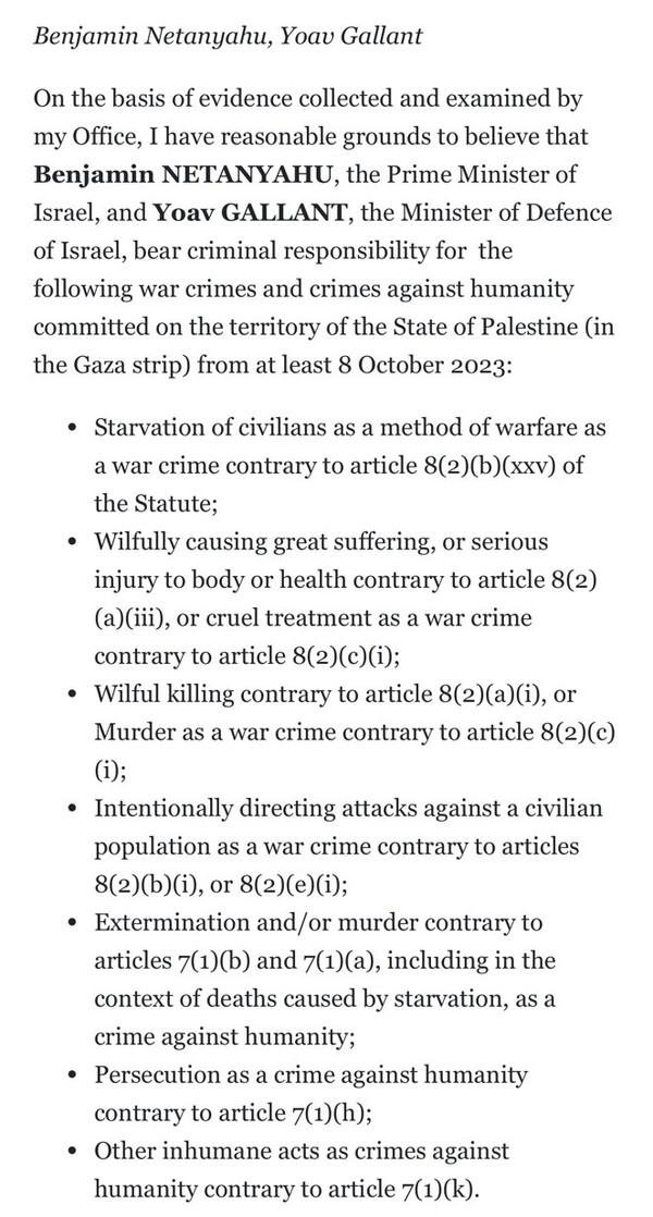 국제형사재판소(ICC)의 체포 영장에 적힌 이스라엘의 베냐민 네타냐후 총리와 요아브 갈란트 국방장관에 대한 전쟁범죄와 반인도적 범죄 혐의 내용. [ICC 홈페이지 성명서 캡처] 2024. 05. 20 시민언론 민들레 