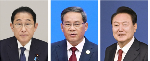 윤석열 대통령(오른쪽부터), 리창 중국 국무원 총리, 기시다 후미오 일본 총리. [교도통신 홈페이지 캡처]