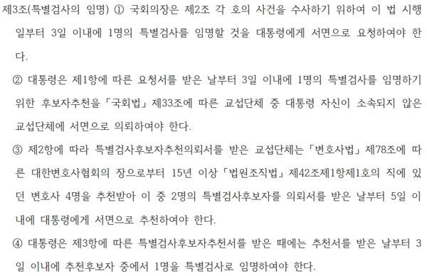 지난 5월 2일 국회 본회의를 통과했던 채 상병 특검법(정식 명칭 '순직 해병 수사 방해 및 사건 은폐 등의 진상 규명을 위한 특별검사의 임명 등에 관한 법률안') 중 특별검사의 임명에 관한 조항