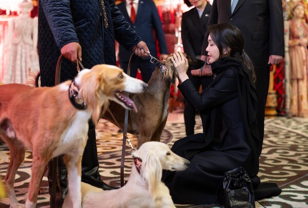 김건희 여사가 지난 12일 오후(현지시간) 카자흐스탄 아스타나의 국립 아카데미 칼리벡 쿠아느쉬 드라마 극장 로비에서 열린 '위대한 평야(steppe·스텝)의 황금' 특별 전시를 관람하던 중 카자흐스탄 전통 이동식 가옥 '유르트' 앞에서 카심-조마르트 토카예프 카자흐스탄 대통령이 키우는 강아지를 소개받고 있다. 2024.6.13. 연합뉴스