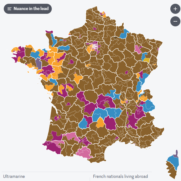 30일 프랑스 총선 1차 투표 결과. 577개 투표구에서 1위를 차지한 정당의 상징색으로 표시한 지도다. 밤색의 국민연합(RN)이 전국을 덮고 있다. 노랑색은 중도연합 앙상블, 보라색은 좌파연합 신인민전선(NFP), 파란색은 중도우파 공화주의자들(LR)이다. 분홍색을 비롯한 다른 색은 득표수에 따라 지역별 정당 지지성향을 배색한 결과다. 2024.7.1. 출처 르몽드 