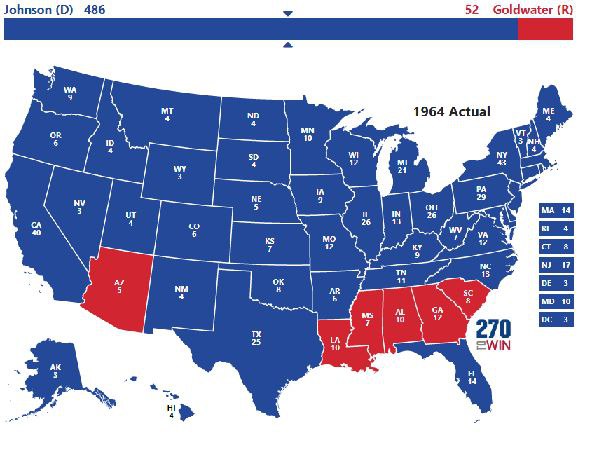 64년 대선결과: 파란색: 민주당 존슨. 붉은 색: 공화당 골드워터