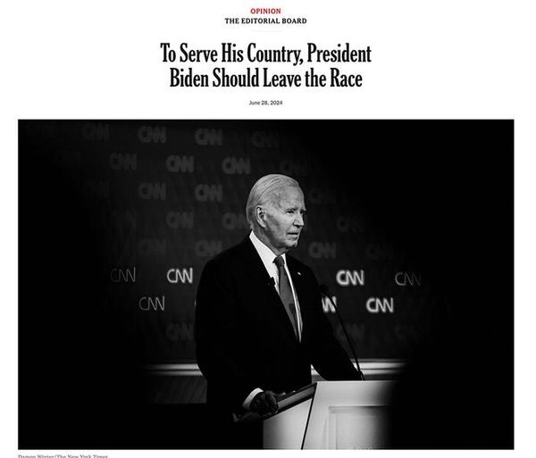 대선 후보 토론 다음날 바이든의 사퇴를 촉구한 뉴욕타임즈 1면 화면 갈무리