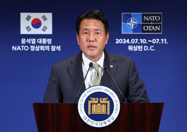 김태효 국가안보실 제1차관이 11일 미국 워싱턴의 한 호텔에 마련된 한국 프레스센터에서 언론 브리핑을 하고 있다. 2024.7.11. 연합뉴스 