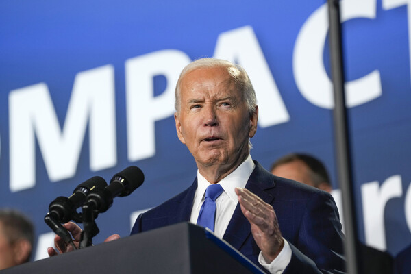 조 바이든 미국 대통령이 11일 워싱턴D.C.에서 열린 나토(북대서양조약기구) 정상회의에서 우크라이나 지원 행사를 주관하며 연설하고 있다. 2024. 07. 11 [UPI=연합뉴스]