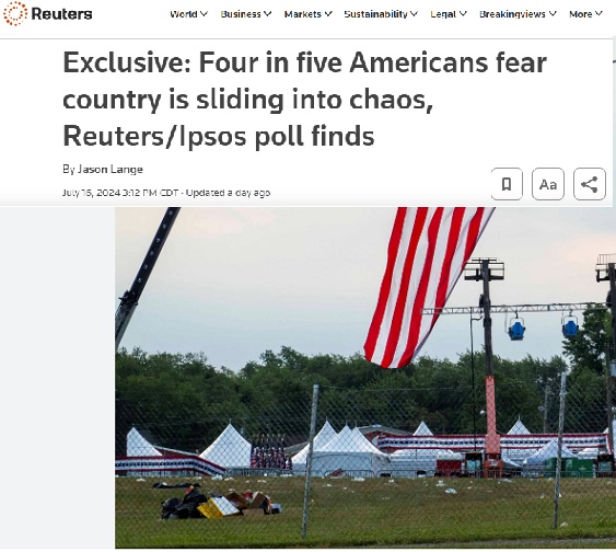 미국인 5명 중 4명이 '국가가 혼돈으로 치닫고 있다'는 두려움을 갖고 있다고 답한 여론조사 결과. 로이터/입소스 조사로 지난 16일 보도됐다. 시민언론 민들레 